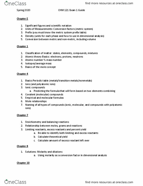 CHM 121 Study Guide Spring 2020, Quiz Molar Mass, Molar Volume