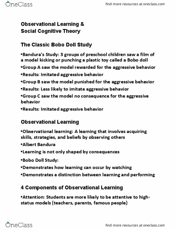 EPSY 210 Lecture Notes - Lecture 14: Albert Bandura, Social Cognitive Theory, Observational Learning thumbnail