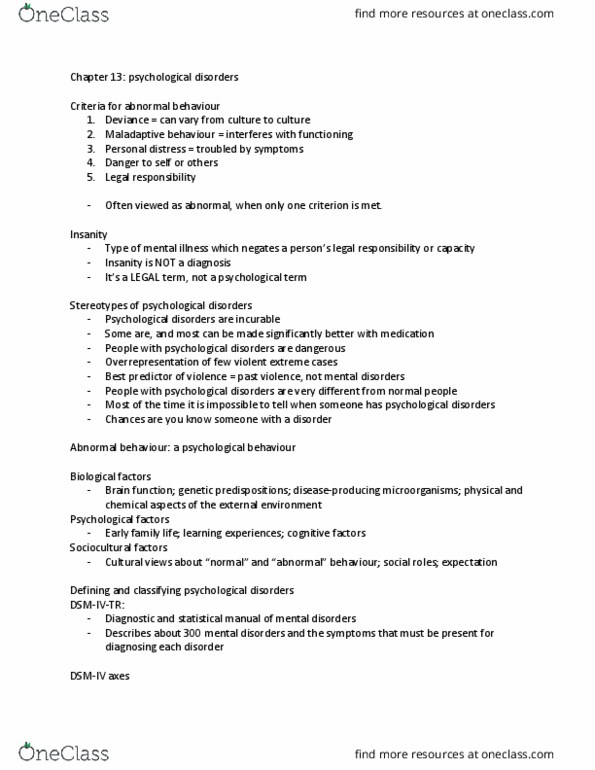 PSYC 150 Lecture Notes - Lecture 10: Mental Disorder, Personal Distress, Personality Disorder thumbnail