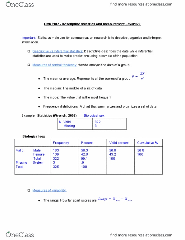 CMN 3102 Lecture Notes - Lecture 4: Descriptive Statistics, Statistical Inference, Central Tendency thumbnail