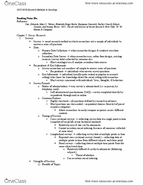 SOCI 3580 Chapter Notes - Chapter 10: Time Point, Research I University, Sampling Frame thumbnail