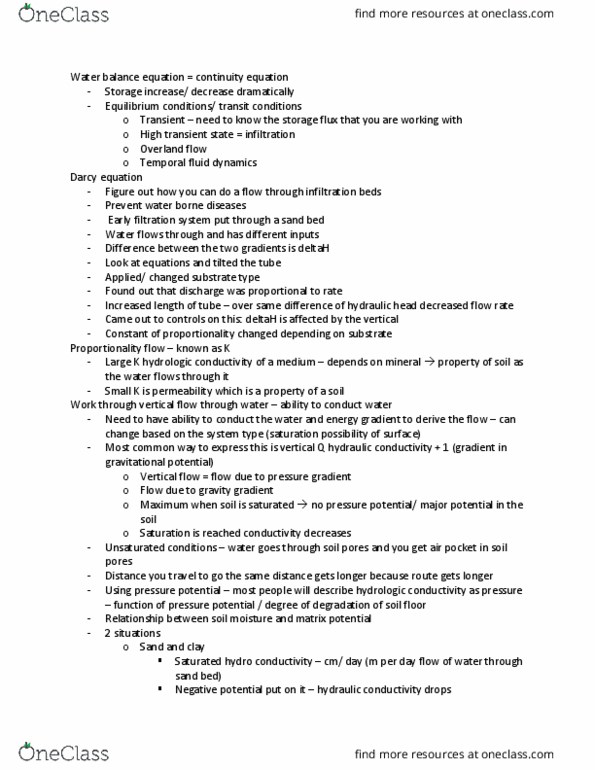 GEOG 322 Lecture Notes - Lecture 8: Hydraulic Conductivity, Hydraulic Head, Water Potential thumbnail