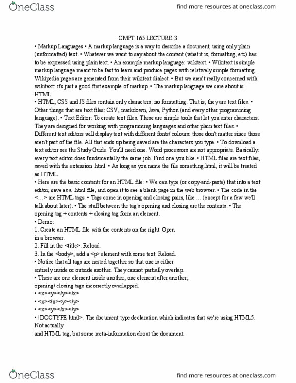 CMPT 165 Lecture Notes - Lecture 3: Document Type Declaration, Wiki, Text Editor thumbnail