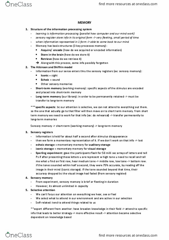 4310 Lecture Notes - Lecture 5: Sensory Memory, Echoic Memory, Decay Theory thumbnail