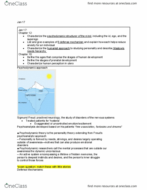 PSYA02H3 Lecture Notes - Lecture 2: Sigmund Freud, Psychodynamics, Prenatal Development thumbnail