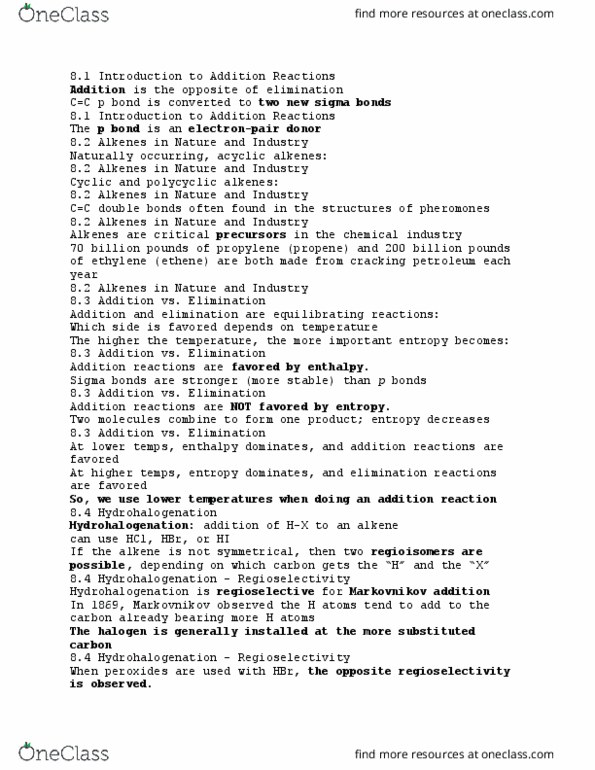 CHEM 10052 Lecture Notes - Lecture 25: Markovnikov'S Rule, Hydrohalogenation, Regioselectivity thumbnail