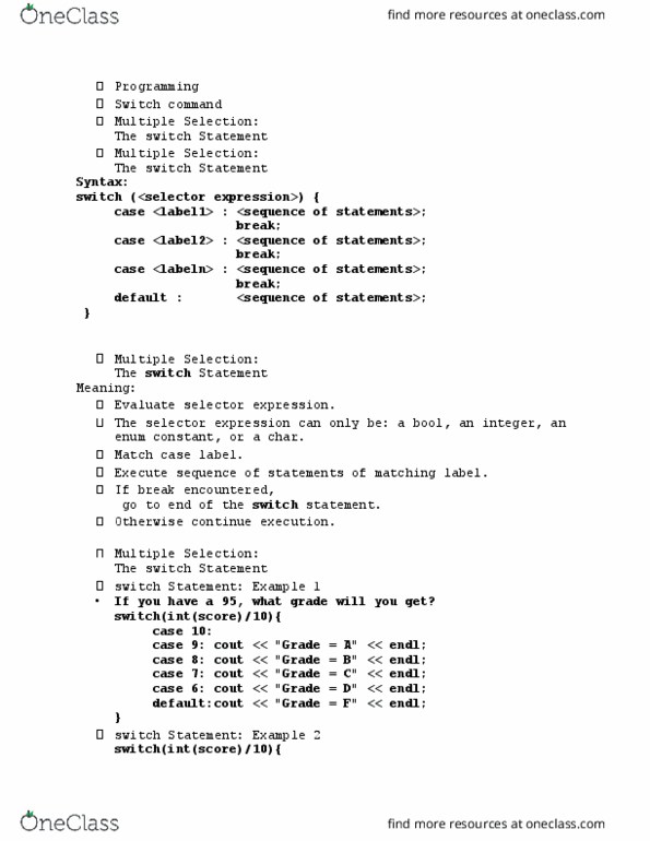MIS 24053 Lecture Notes - Lecture 8: Switch Statement, The Selector thumbnail