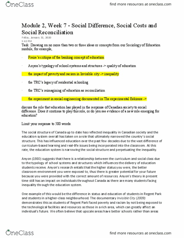 EDFE 2000 Lecture Notes - Lecture 13: Social Class, Hidden Curriculum thumbnail