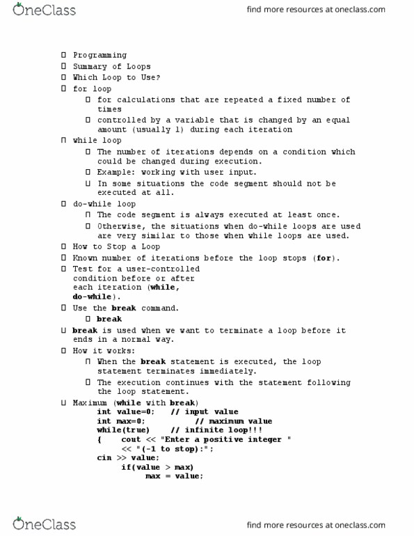MIS 24053 Lecture Notes - Lecture 16: Code Segment, Infinite Loop, For Loop thumbnail