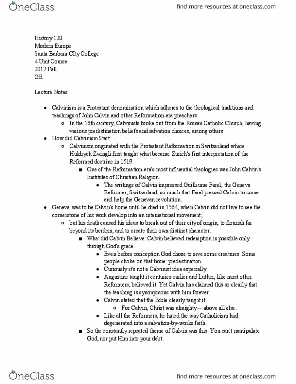 HIST 120 Lecture Notes - Lecture 14: Santa Barbara City College, Huldrych Zwingli, John Calvin thumbnail