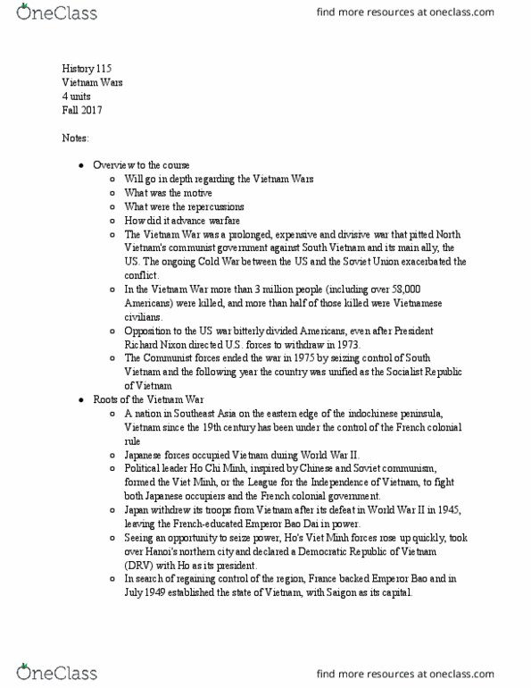 HIST 115 Lecture Notes - Lecture 1: Eastern Edge, Ngo Dinh Diem, 17Th Parallel North thumbnail