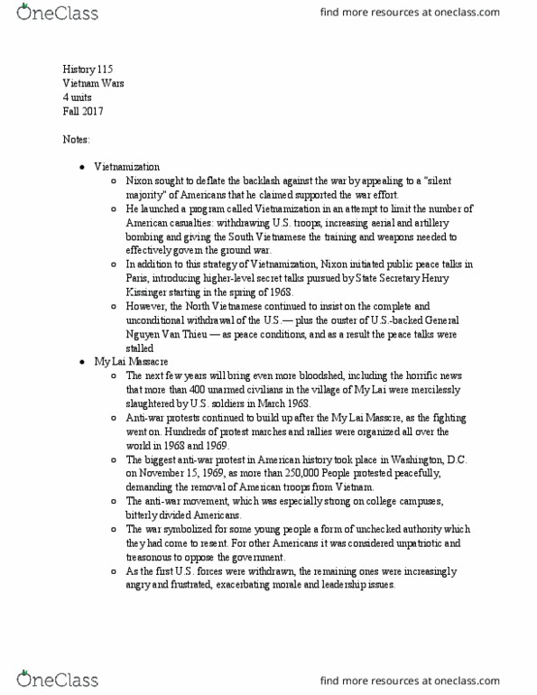 HIST 115 Lecture Notes - Lecture 4: Silent Majority, Henry Kissinger, Haiphong thumbnail