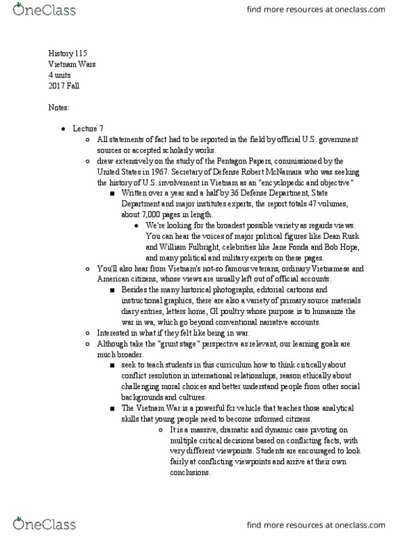 HIST 115 Lecture Notes - Lecture 7: Dean Rusk, Jane Fonda, Pentagon Papers thumbnail