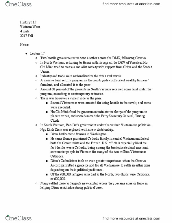 HIST 115 Lecture Notes - Lecture 17: Ngo Dinh Diem, Anti-Communism, Major Force thumbnail