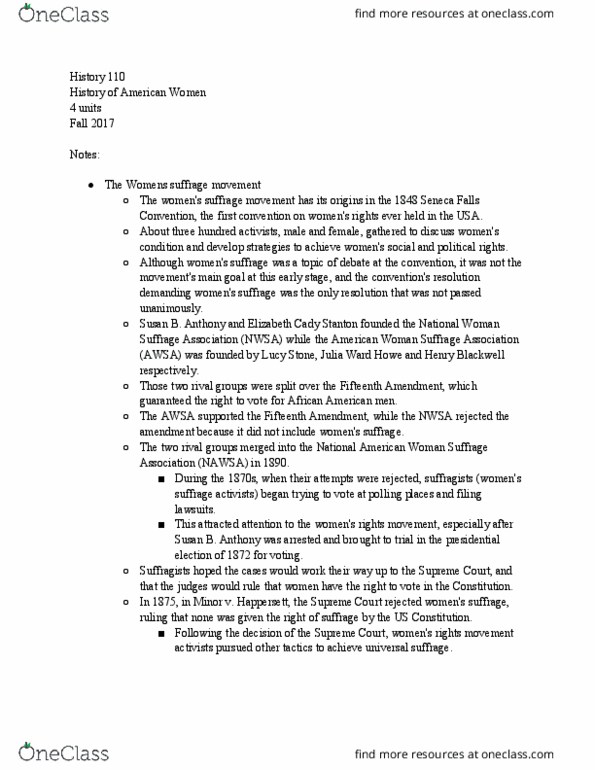 HIST 110 Lecture Notes - Lecture 4: American Woman Suffrage Association, National American Woman Suffrage Association, National Woman Suffrage Association thumbnail