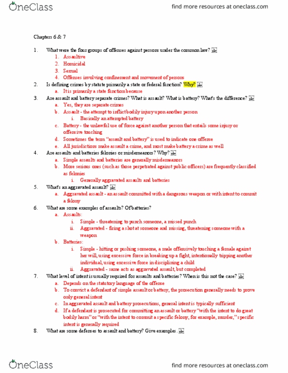 POLI 3120 Chapter Notes - Chapter 6-7: Assault, Common Law Offence, Homicide thumbnail