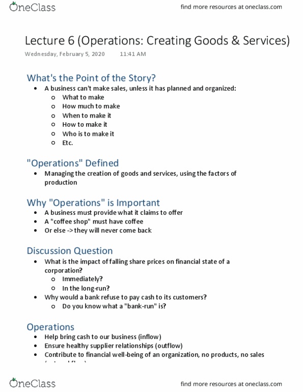 MGTA02H3 Lecture Notes - Lecture 6: Operations Management, Mass Production, Call Centre thumbnail