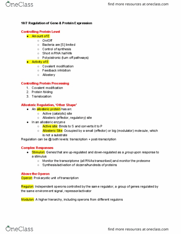 BIOL 211 Lecture Notes - Lecture 14: Regulon, Allosteric Regulation, Operon thumbnail