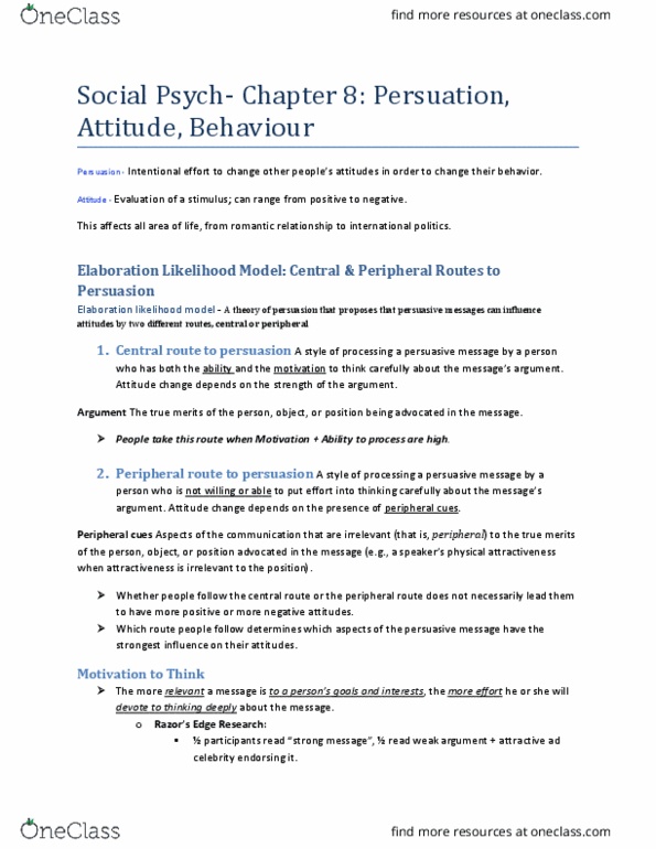 PSYC 2120 Chapter Notes - Chapter 8: Elaboration Likelihood Model, Attitude Change, Physical Attractiveness thumbnail