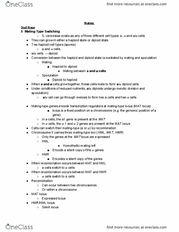 BIO372H5 Lecture Notes - Lecture 6: Homothallism, Gene Conversion, Chromosome thumbnail