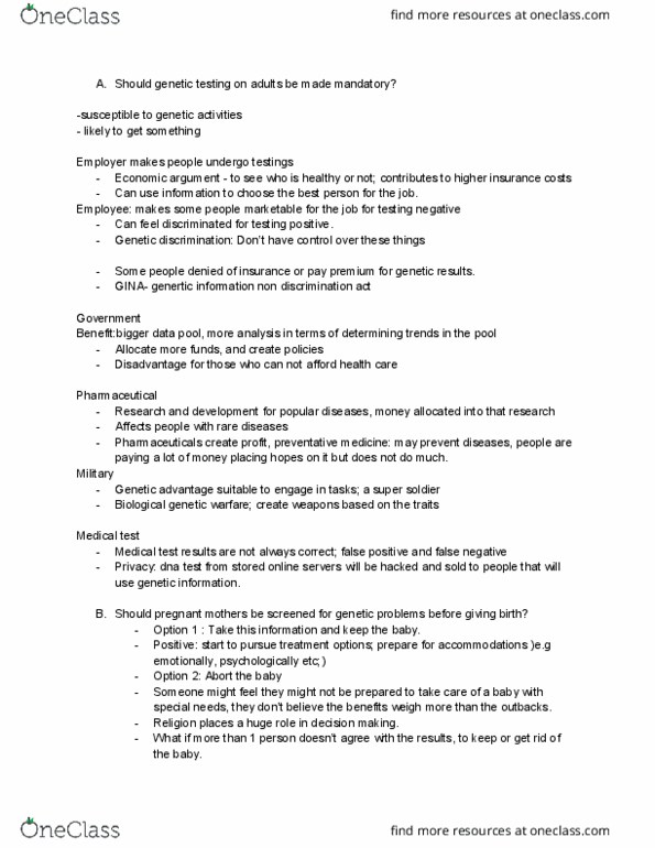 NATS 1775 Lecture Notes - Lecture 15: Medical Test, Genetic Discrimination, Genetic Testing thumbnail