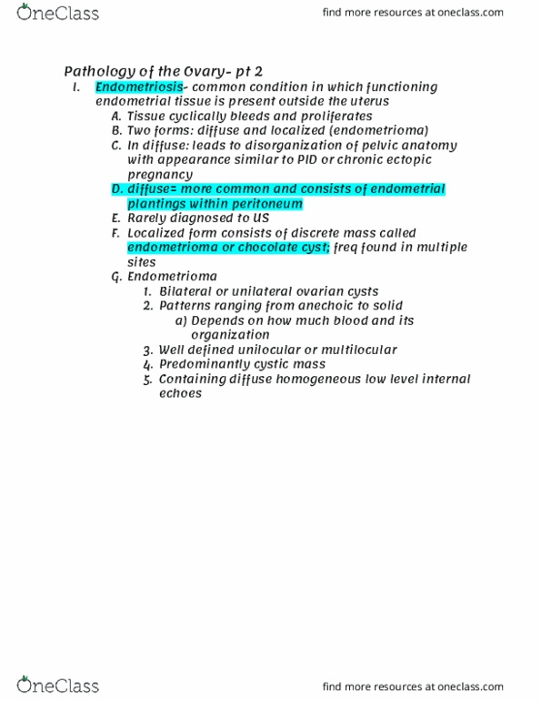 RIU 332 Lecture Notes - Lecture 8: Endometriosis Of Ovary, Ovarian Cyst, Ectopic Pregnancy thumbnail