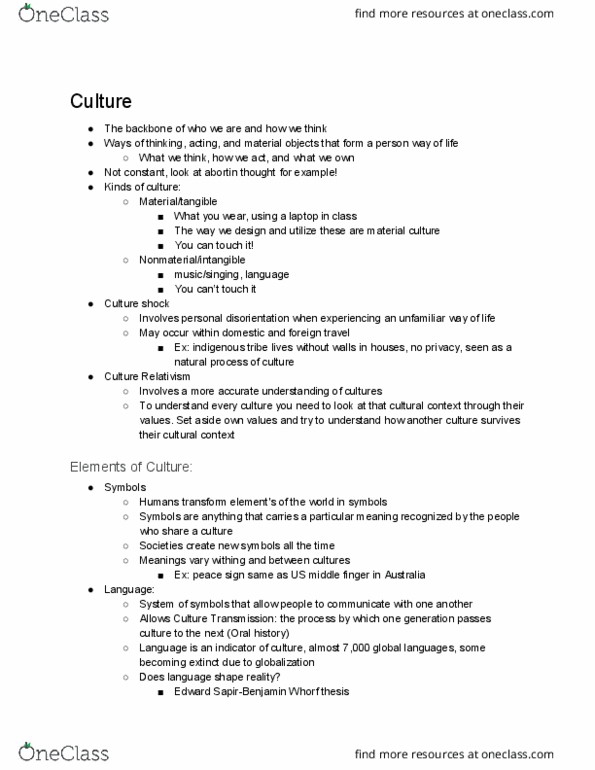 SO 122 Lecture Notes - Lecture 3: Symbolic Culture, Culture Shock, Relativism thumbnail