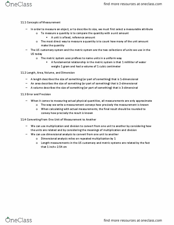 MATH 202 Chapter Notes - Chapter 11: United States Customary Units, Dimensional Analysis thumbnail