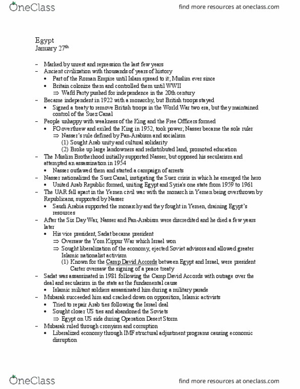 POLS 157 Lecture Notes - Lecture 5: Camp David Accords, Yom Kippur War, Six-Day War thumbnail