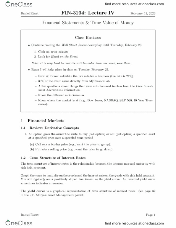 FIN 3104 Lecture Notes - Lecture 4: Yield Curve, Justice Of The Peace, Call Option thumbnail