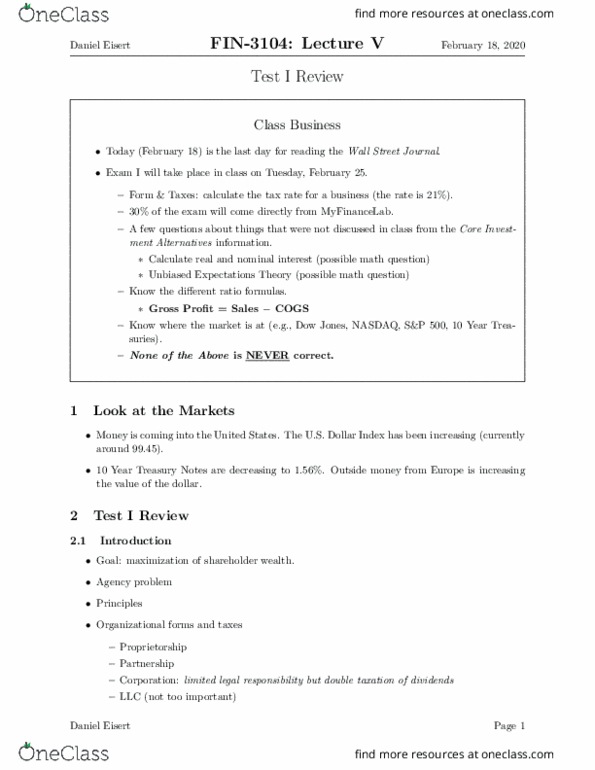 FIN 3104 Lecture Notes - Lecture 5: Double Taxation, Preferred Stock, S&P 500 Index thumbnail