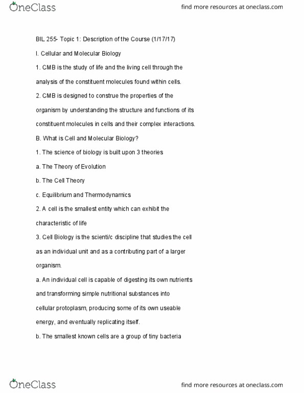 BIL 255 Lecture Notes - Lecture 1: Protoplasm, Cell Theory, Thermodynamics thumbnail