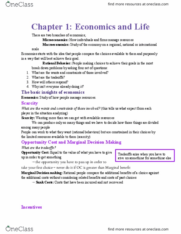 ECO 1104 Chapter Notes - Chapter all: Sunk Costs, Marginal Cost, Opportunity Cost thumbnail