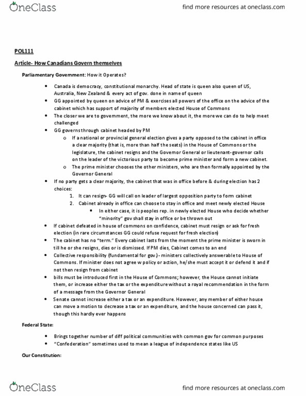 POL111H5 Chapter Notes - Chapter 1-3: Collective Responsibility, Responsible Government, Canada Act 1982 thumbnail