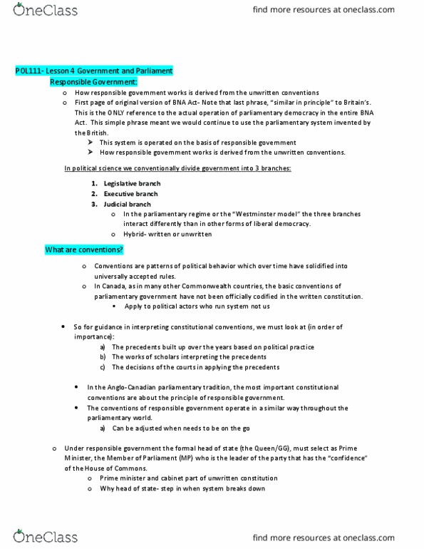 POL111H5 Lecture Notes - Lecture 4: Responsible Government, Liberal Democracy, Caucus thumbnail