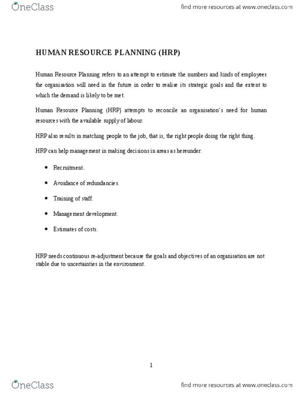 MANA 298 Lecture Notes - Human Resource Management, Demand Forecasting, Strategic Planning thumbnail