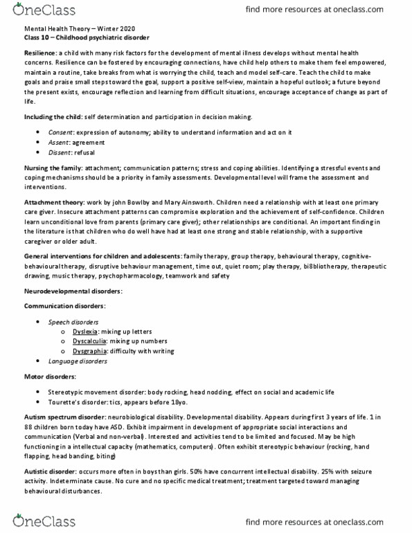 NSG 3320 Lecture Notes - Lecture 10: Stereotypic Movement Disorder, Autism, Mary Ainsworth thumbnail