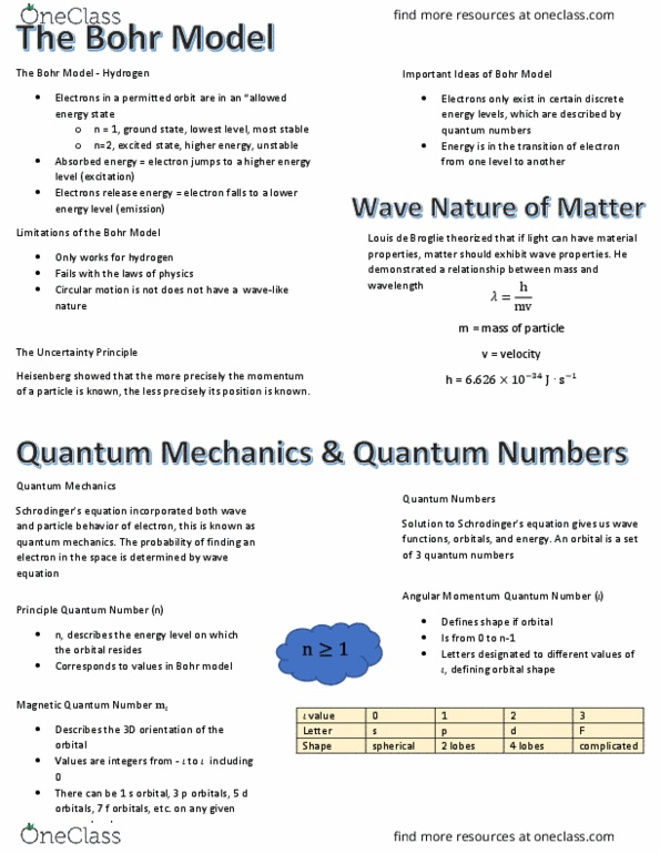 CHE-1101 Lecture Notes - Lecture 7: Louis De Broglie, Electron Configuration, Bohr Model thumbnail