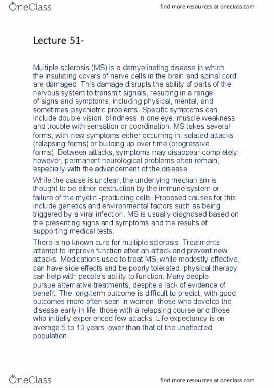 300905 Lecture Notes - Lecture 51: Demyelinating Disease, Multiple Sclerosis, Diplopia thumbnail