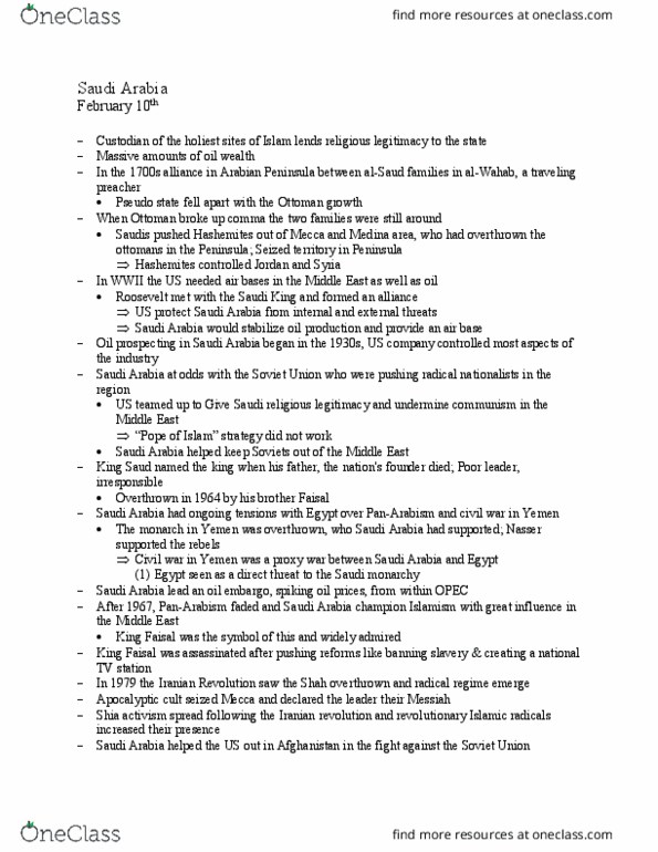 POLS 157 Lecture Notes - Lecture 8: Saud Of Saudi Arabia, Hashemites, Classical Age Of The Ottoman Empire thumbnail