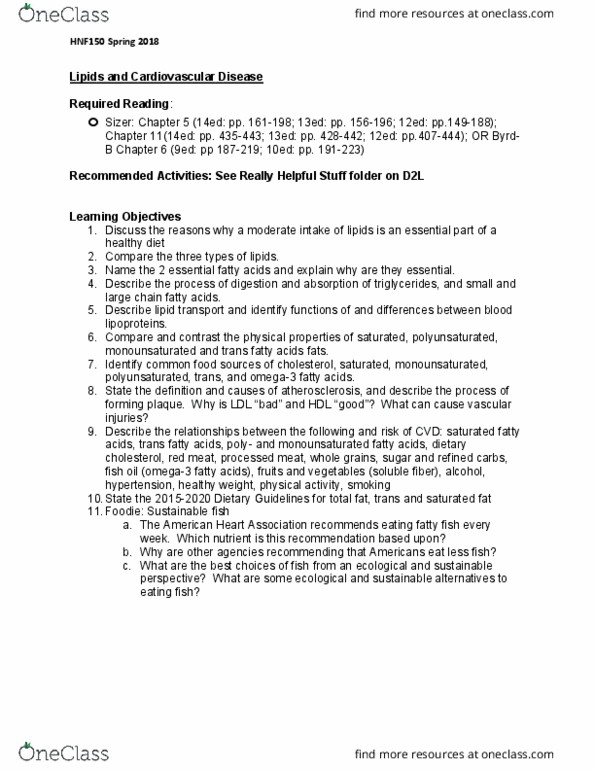 HNF 150 Lecture Notes - Lecture 5: Trans Fat, American Heart Association, Essential Fatty Acid thumbnail