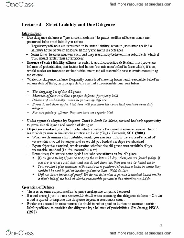 LAW 602 Lecture Notes - Lecture 4: Due Diligence, Regulatory Offence, Absolute Liability thumbnail