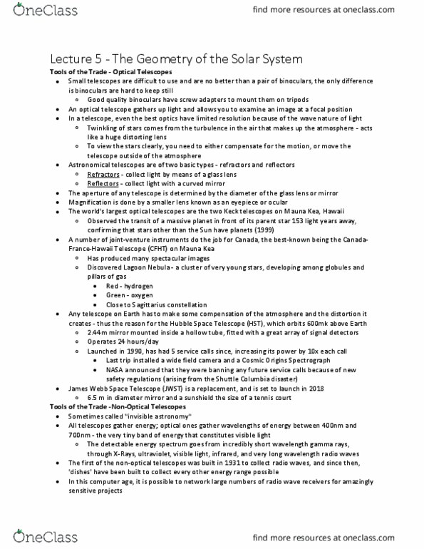 Earth Sciences 1086F/G Lecture Notes - Lecture 5: James Webb Space Telescope, Hubble Space Telescope, Cosmic Origins Spectrograph thumbnail