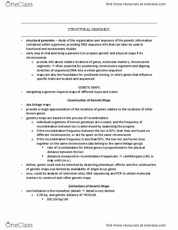 Biology 2581B Chapter Notes - Chapter 20.1: Structural Genomics, Genetic Marker, Genetic Linkage thumbnail