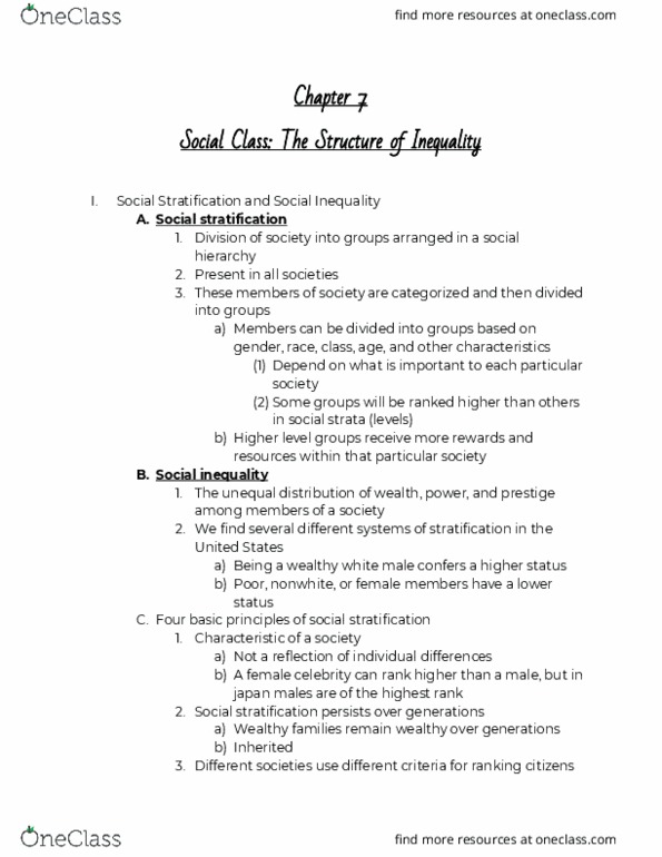SOCI 001 Lecture Notes - Class Stratification, Social Stratification, Social Inequality thumbnail