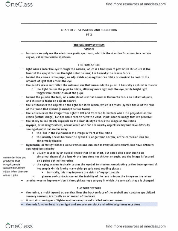 Psychology 1000 Chapter Notes - Chapter 5: Electromagnetic Spectrum, Far-Sightedness, Color Vision thumbnail