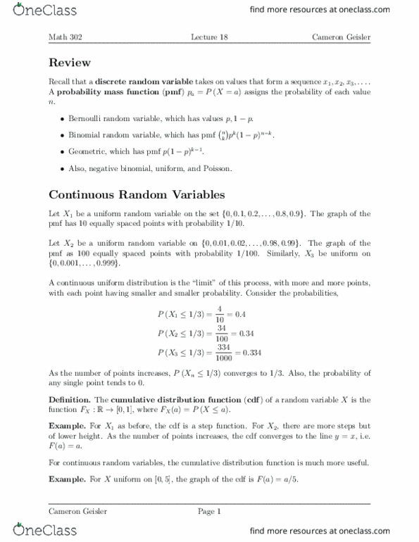 MATH 302 Lecture Notes - Lecture 18: Cumulative Distribution Function, Bernoulli Distribution, Probability Mass Function thumbnail