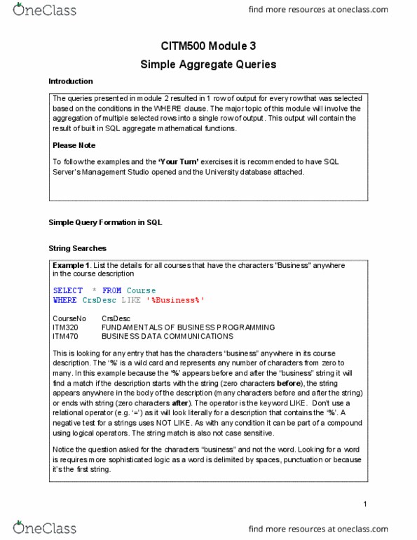 ITM 500 Lecture Notes - Lecture 4: Relational Operator, Aggregate Function, Database Design thumbnail