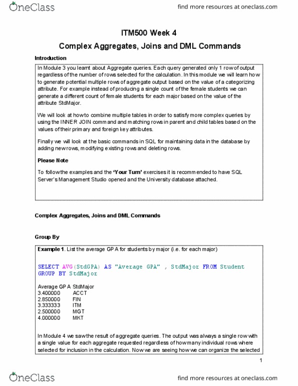 ITM 500 Lecture Notes - Lecture 4: Foreign Key, Unique Key, Data Management thumbnail