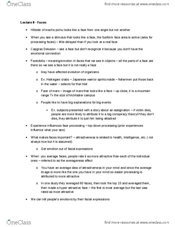 PSYCH 1XX3 Lecture Notes - Fusiform Face Area, Capgras Delusion, Pareidolia thumbnail